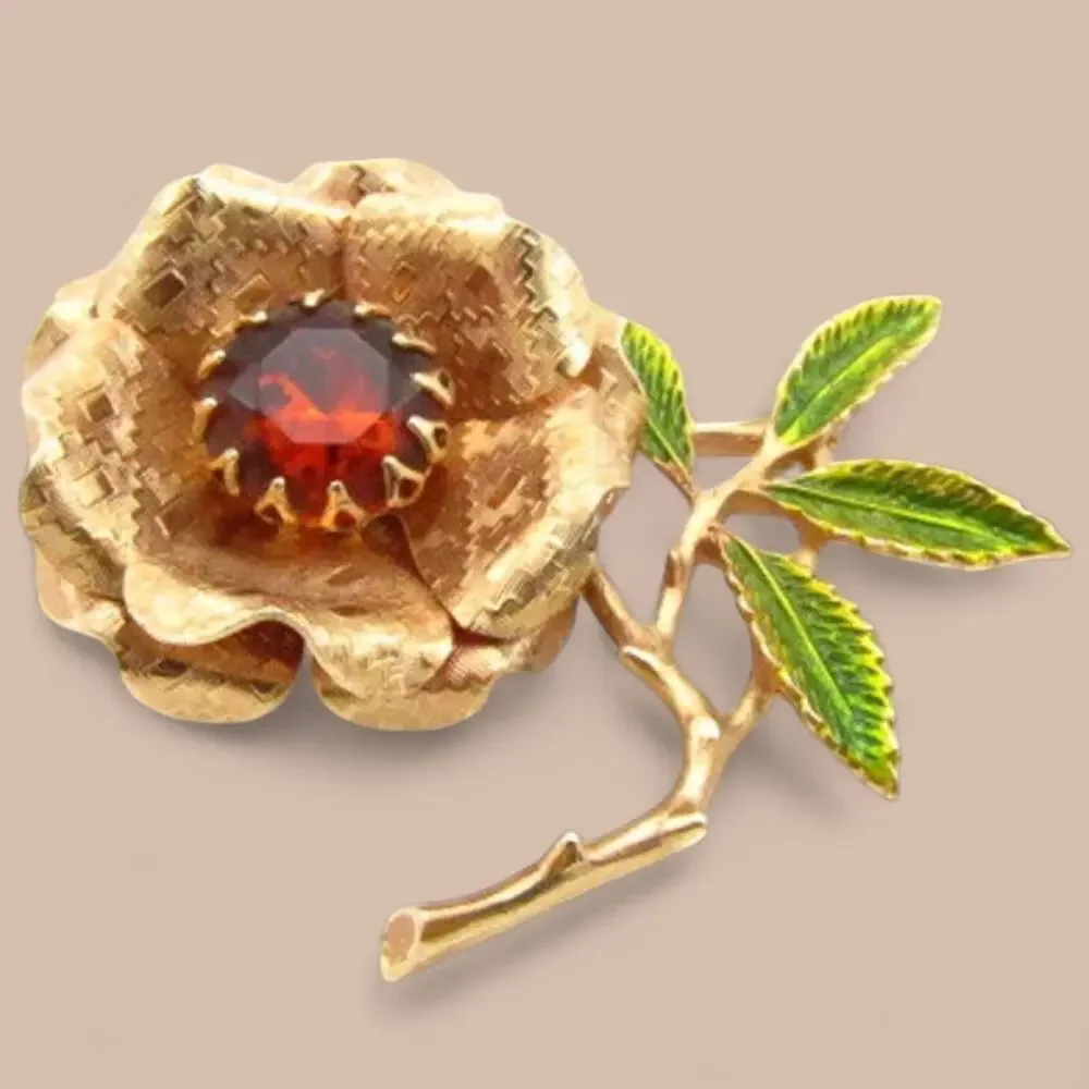 Vintage Sarah Coventry “Ember Flower” Brooch 3D Etched Art Deco Gold Tone Topaz
